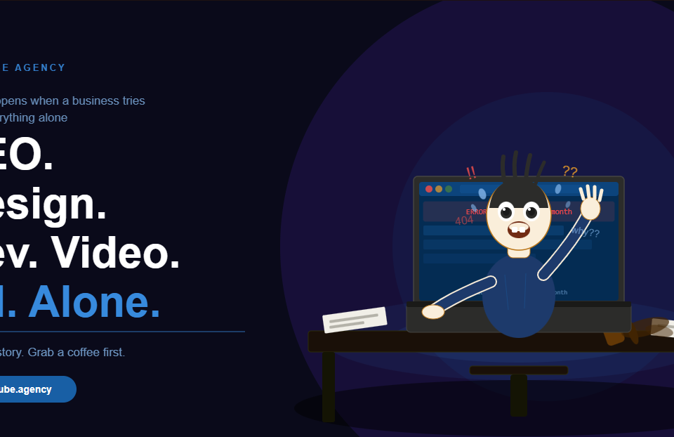 Illustrated cover image showing a panicking man working frantically on a laptop with error messages, representing the chaos of doing all digital marketing alone without a professional agency