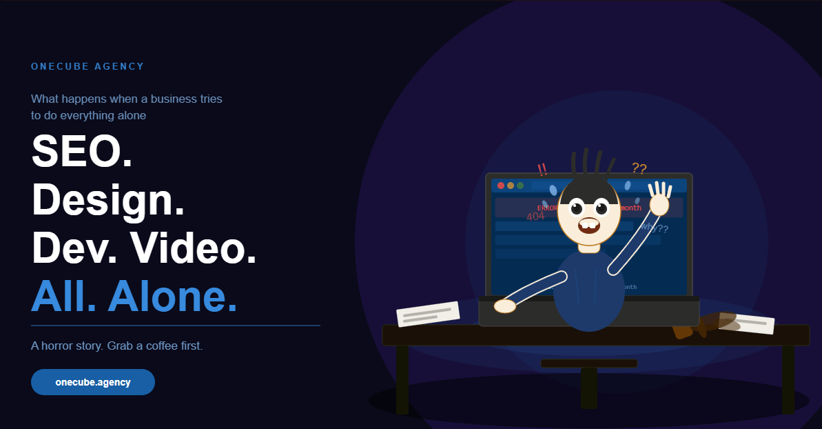 Illustrated cover image showing a panicking man working frantically on a laptop with error messages, representing the chaos of doing all digital marketing alone without a professional agency