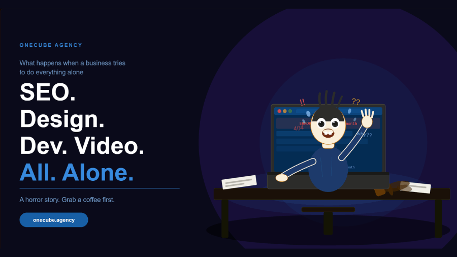 Illustrated cover image showing a panicking man working frantically on a laptop with error messages, representing the chaos of doing all digital marketing alone without a professional agency