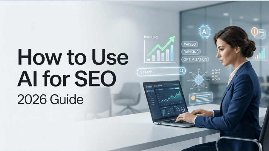 A professional woman in a blue suit working on a laptop in a clean, minimalist office, featuring bold text that reads "How to Use AI for SEO: 2026 Guide" with floating digital marketing icons and analytics charts.